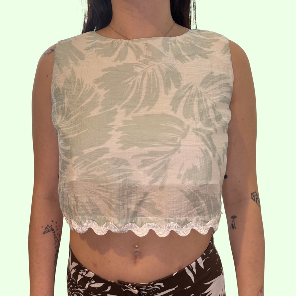 TCEC White Crop Top with Pale Green Palm Print